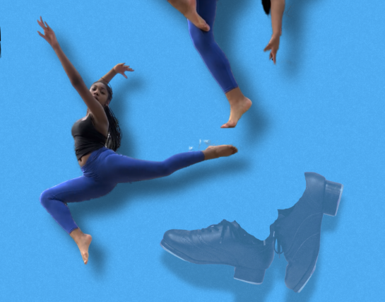  Girl dancing with a blue background and tap shoes
